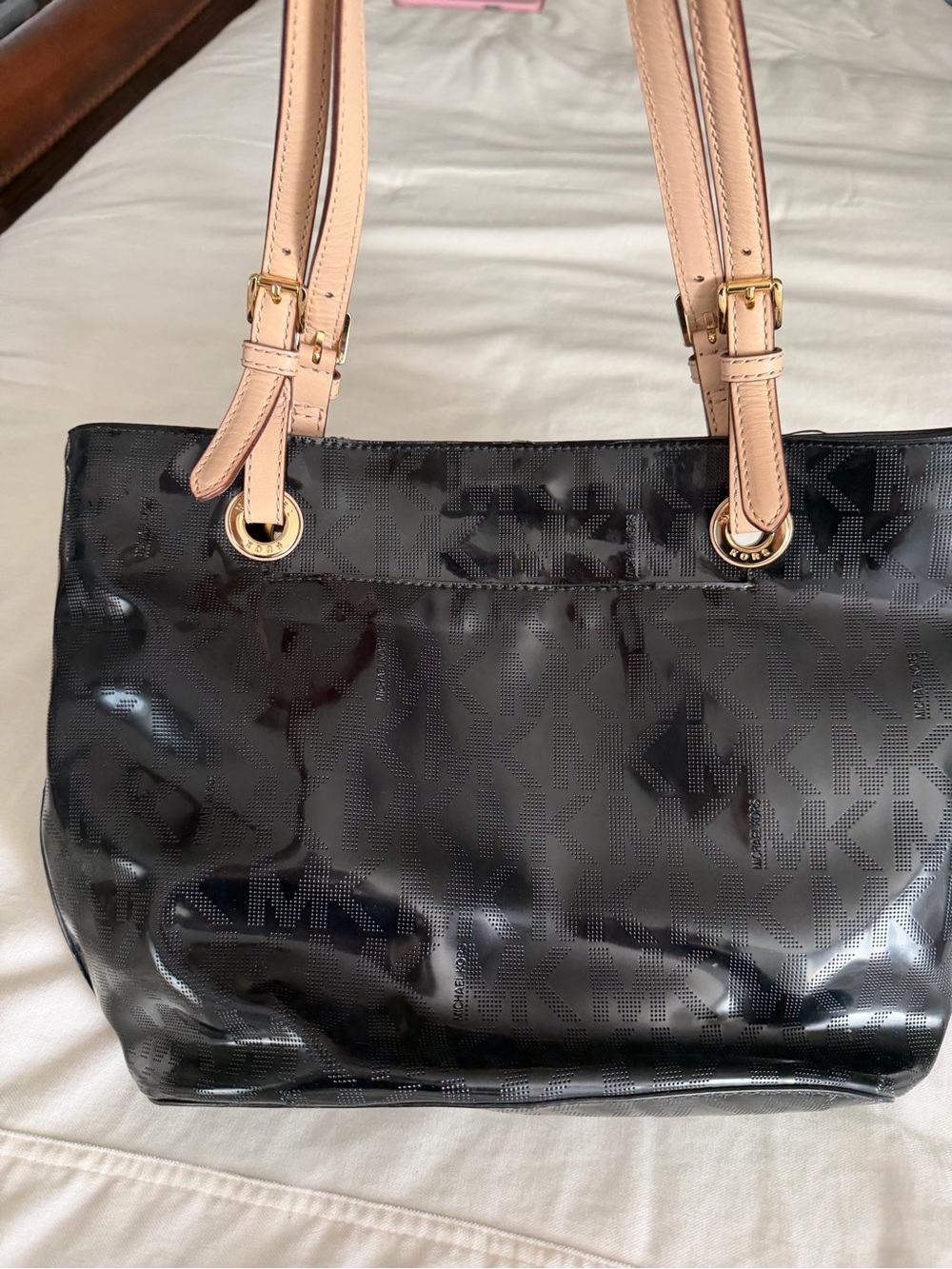 Michael Kors Black Logo Shoulder Tote with Neutral Leather Straps